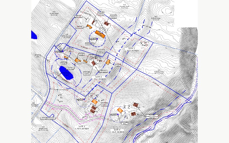 Subdivision survey of 30-40 Lackawack Hill Road showing four lots totalling about 43.7 acres with existing houses and outbuildings
