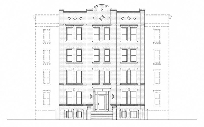 Line-drawn elevation of a four-story brick multifamily building