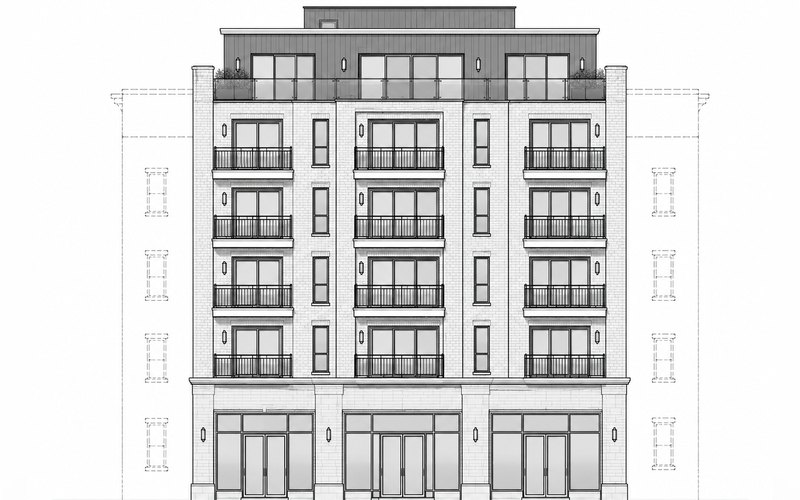 Line-drawn elevation of a five-story mixed-use building with ground-floor retail