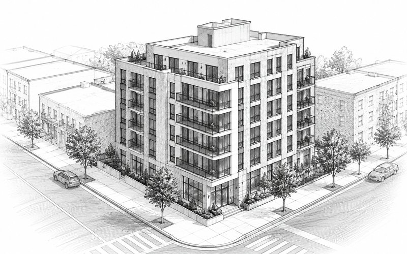 Line-drawn architectural rendering of a mid-rise multifamily building on a corner lot